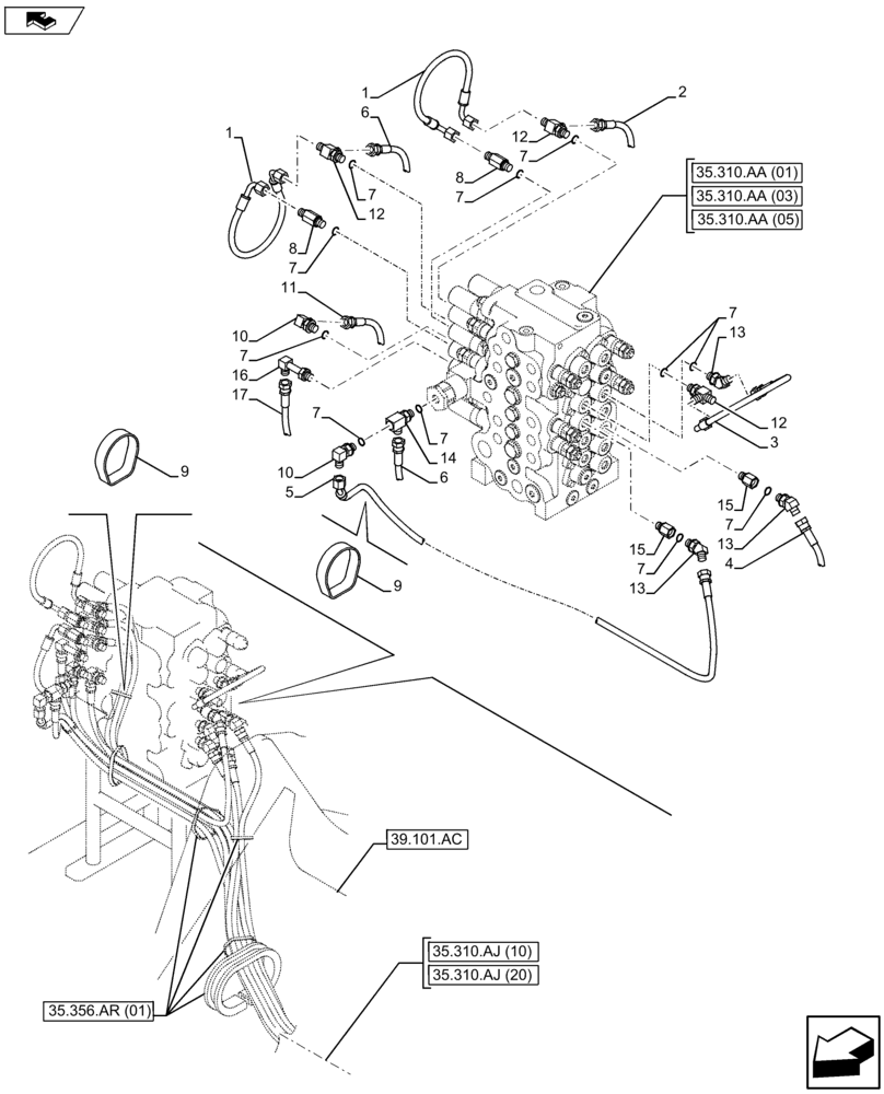 Схема запчастей Case CX75C SR - (35.310.AJ[05]) - CONTROL VALVE HOSES (35) - HYDRAULIC SYSTEMS