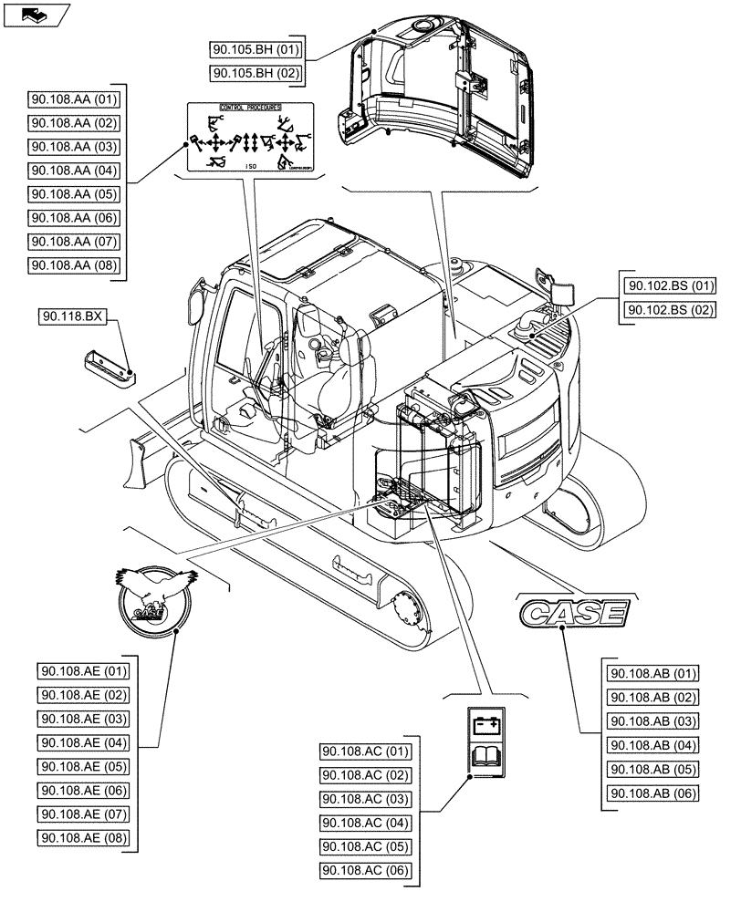Схема запчастей Case CX75C SR - (90.000.00[01]) - SECTION INDEX - PLATFORM, CAB, BODYWORK AND DECALS (90) - PLATFORM, CAB, BODYWORK AND DECALS