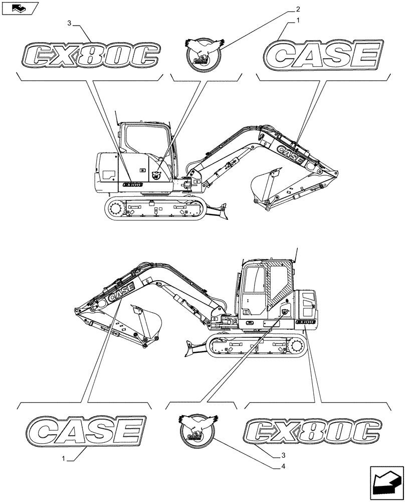 Схема запчастей Case CX80C - (90.108.AB[01]) - MODEL/BRAND DECAL (90) - PLATFORM, CAB, BODYWORK AND DECALS