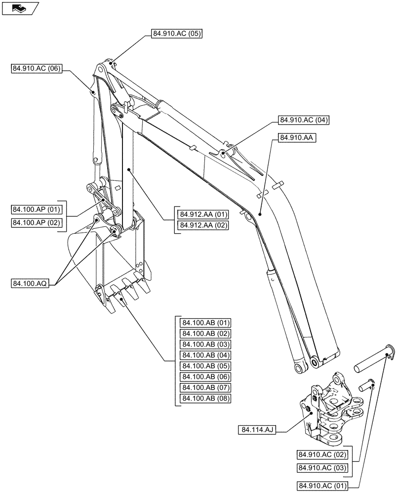 Схема запчастей Case CX80C - (84.000.00) - SECTION INDEX - BOOMS, DIPPERS AND BUCKETS (84) - BOOMS, DIPPERS & BUCKETS