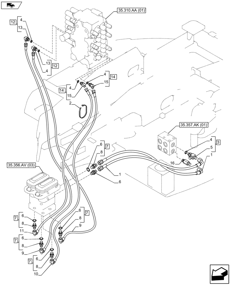 Схема запчастей Case CX80C - (35.356.AR[02]) - PEDAL CONTROL HOSE (35) - HYDRAULIC SYSTEMS