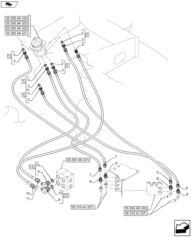 Схема запчастей Case CX80C - (35.355.AD[01]) - HAND CONTROL HOSES (35) - HYDRAULIC SYSTEMS