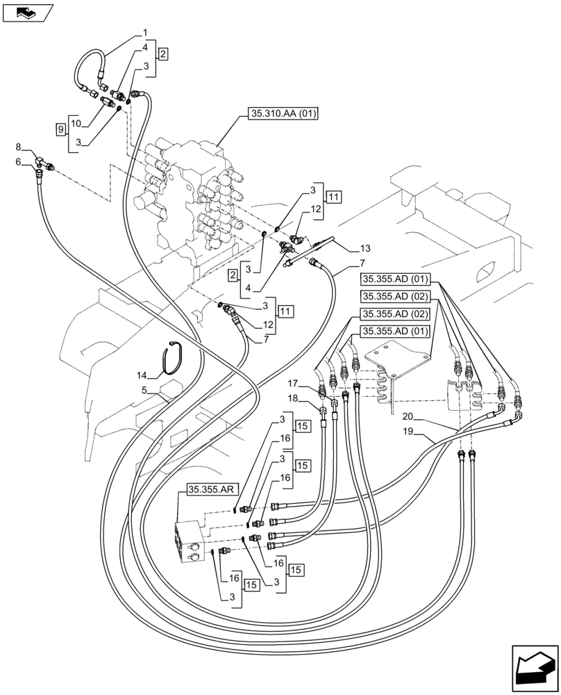 Схема запчастей Case CX80C - (35.310.AJ[07]) - CONTROL VALVE LINE (35) - HYDRAULIC SYSTEMS