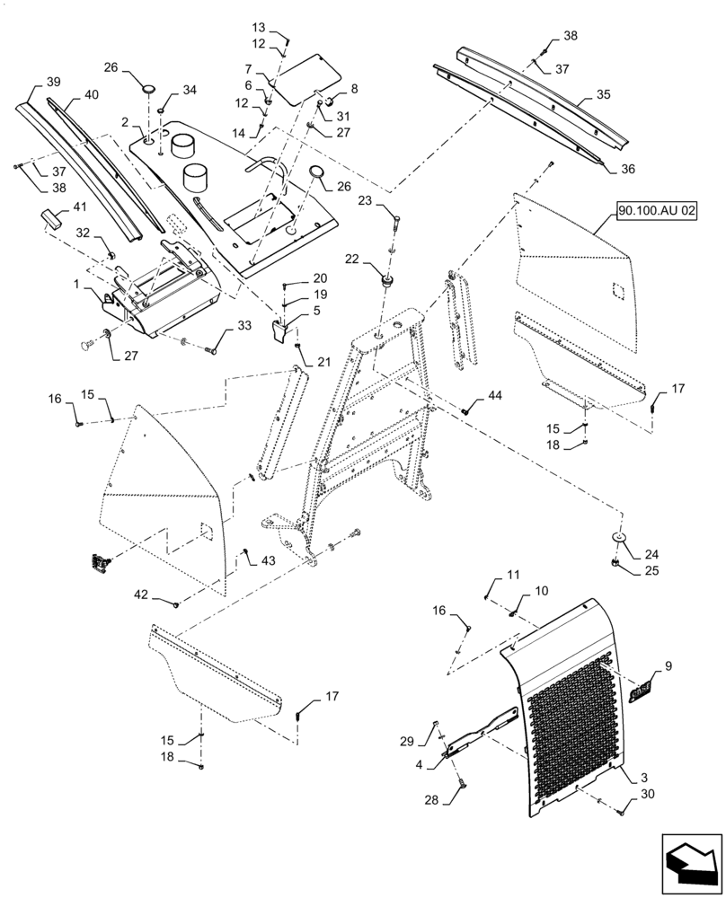 Схема запчастей Case 750M WT/LGP - (90.100.AU[01]) - HOOD, TOP AND FRONT (90) - PLATFORM, CAB, BODYWORK AND DECALS