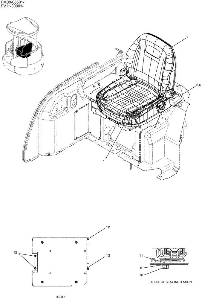Схема запчастей Case CX27B - (01-060) - SEAT INSTAL (90) - PLATFORM, CAB, BODYWORK AND DECALS