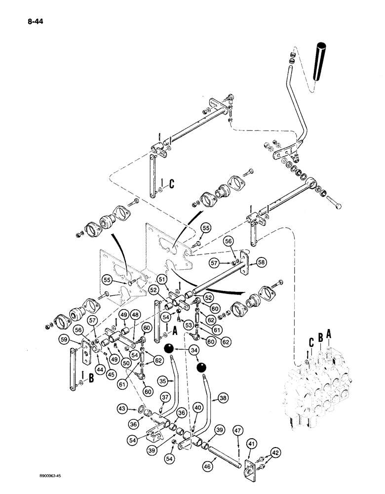 Схема запчастей Case 650 - (8-44) - EQUIPMENT CONTROL VALVE AND LEVERS, THREE LEVERS - FOUR SPOOL VALVE (08) - HYDRAULICS