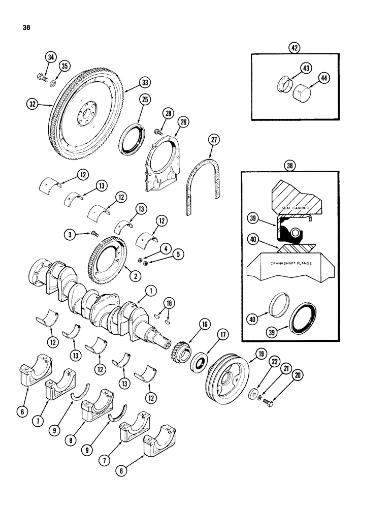 Схема запчастей Case 680H - (038) - CRANKSHAFT AND FLYWHEEL, 336BD DIESEL ENGINE, WEAR SEAL KIT (02) - ENGINE