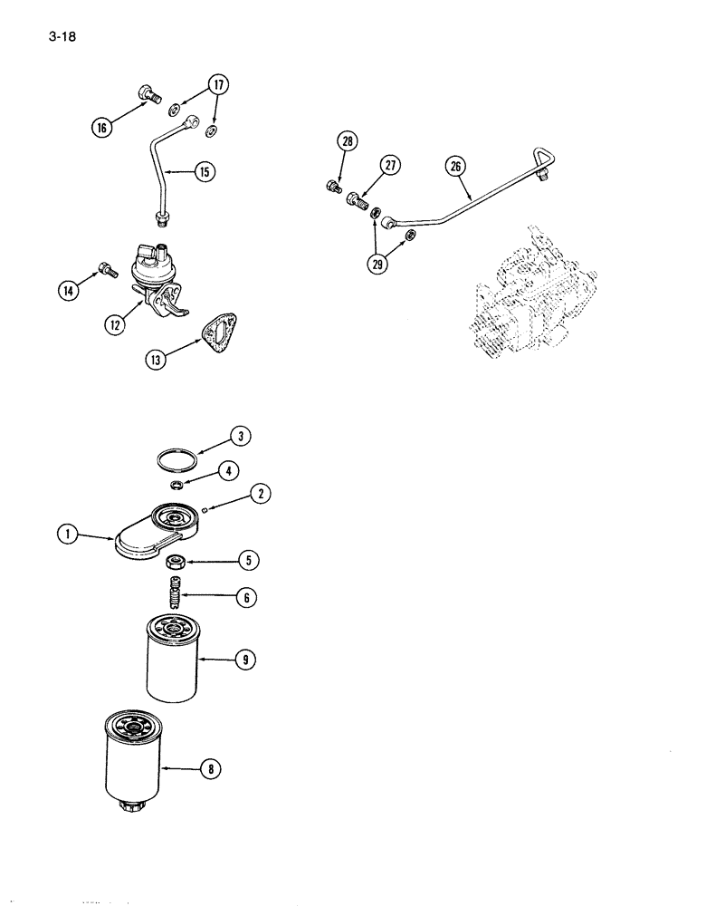 Схема запчастей Case 1085B - (3-018) - FUEL FILTER AND LIFT PUMP, 6T-590 ENGINE (03) - FUEL SYSTEM