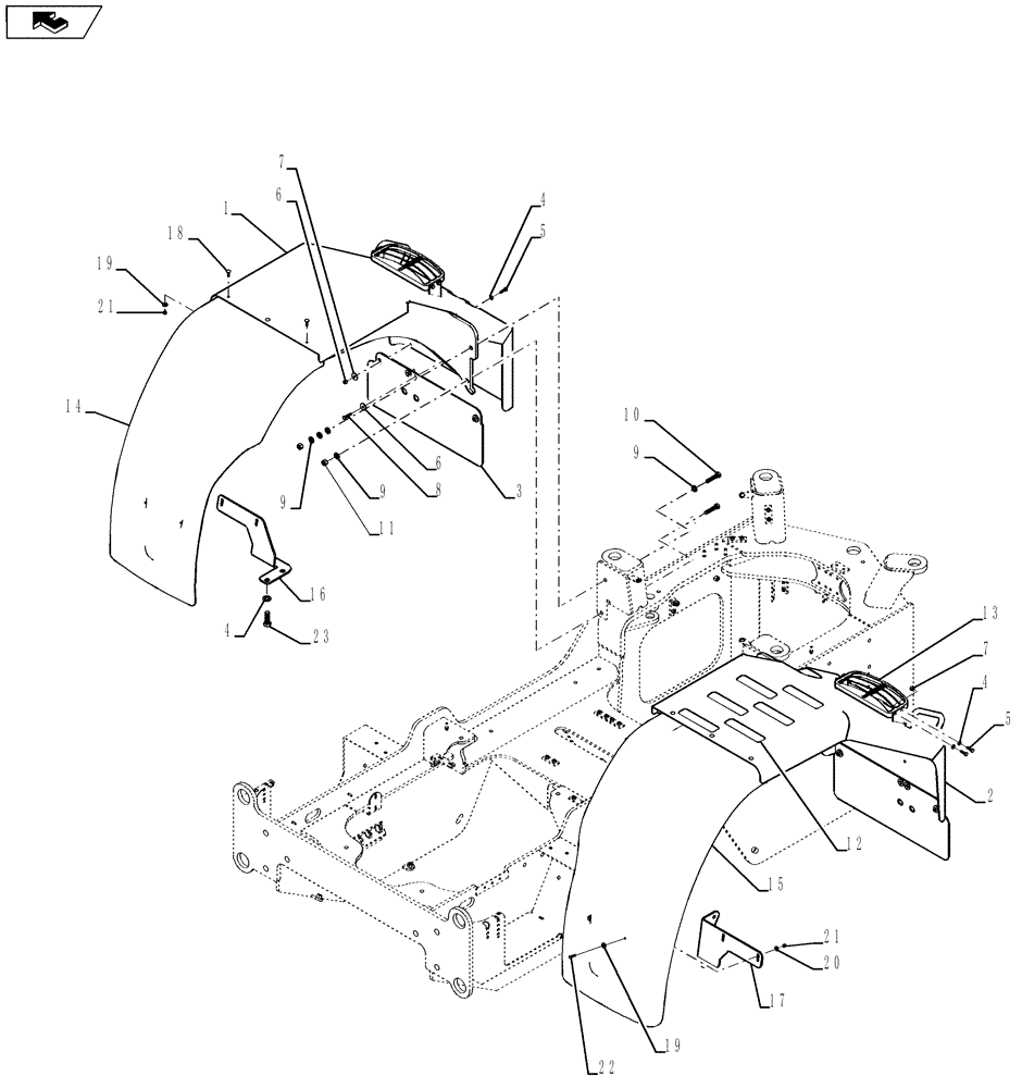Схема запчастей Case 921F - (90.116.AC[02]) - REAR FENDER INSTALLATION WIDE (90) - PLATFORM, CAB, BODYWORK AND DECALS