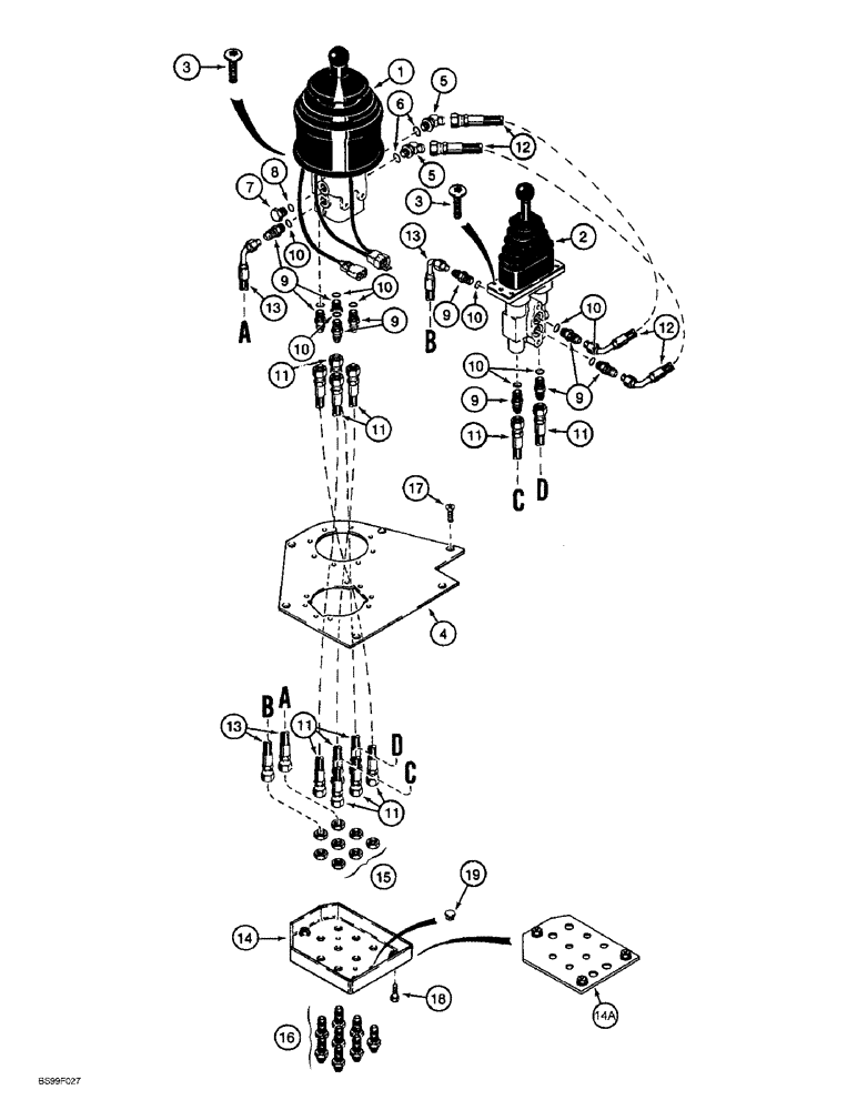Схема запчастей Case 621B - (8-68) - REMOTE LOADER CONTROL CIRCUIT, TWO LEVERS WITH THREE SPOOL VALVE (08) - HYDRAULICS