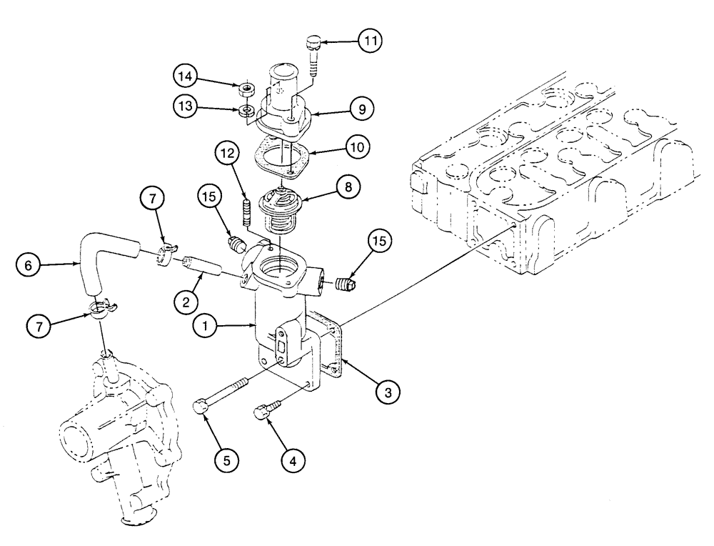 Схема запчастей Case 460 - (2-22) - THERMOSTAT HOUSING AND TUBES, KUBOTA V1505-B ENGINE (02) - ENGINE