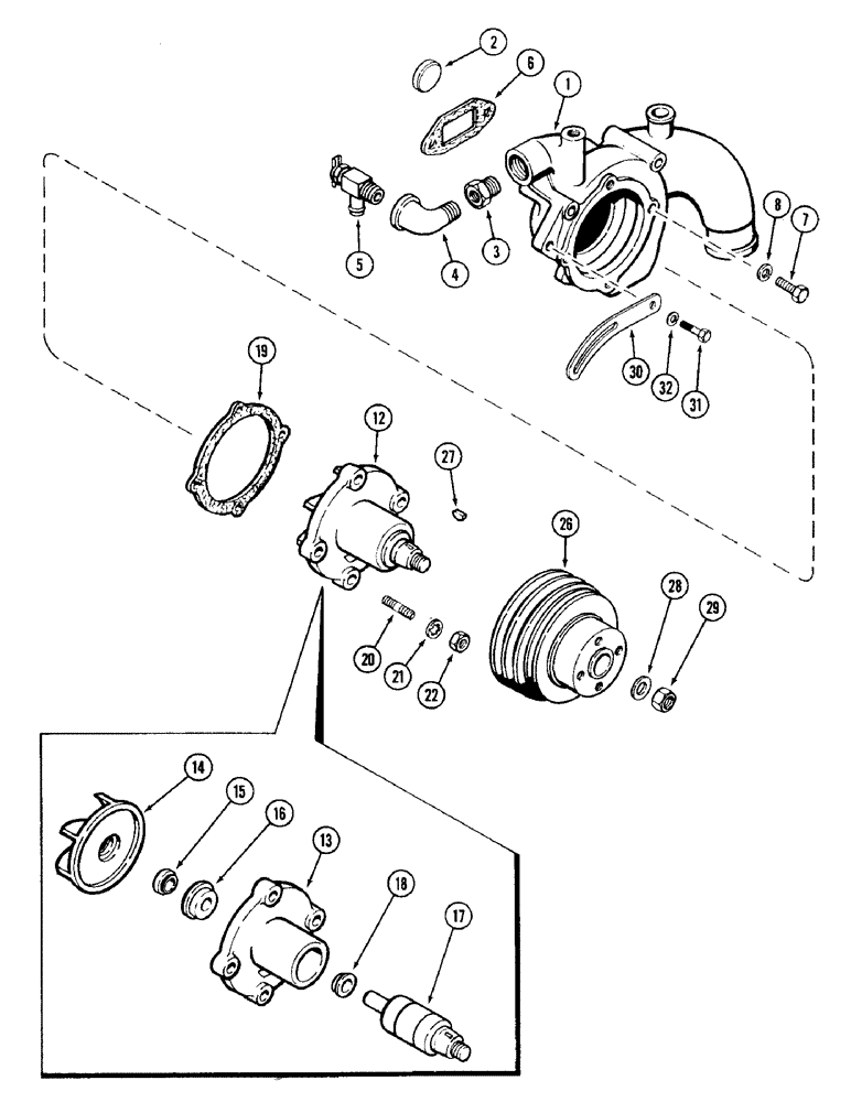 Схема запчастей Case W14 - (012) - WATER PUMP WITH KEYWAY SHAFT, 336BD AND 336BDT DIESEL ENGINE (02) - ENGINE