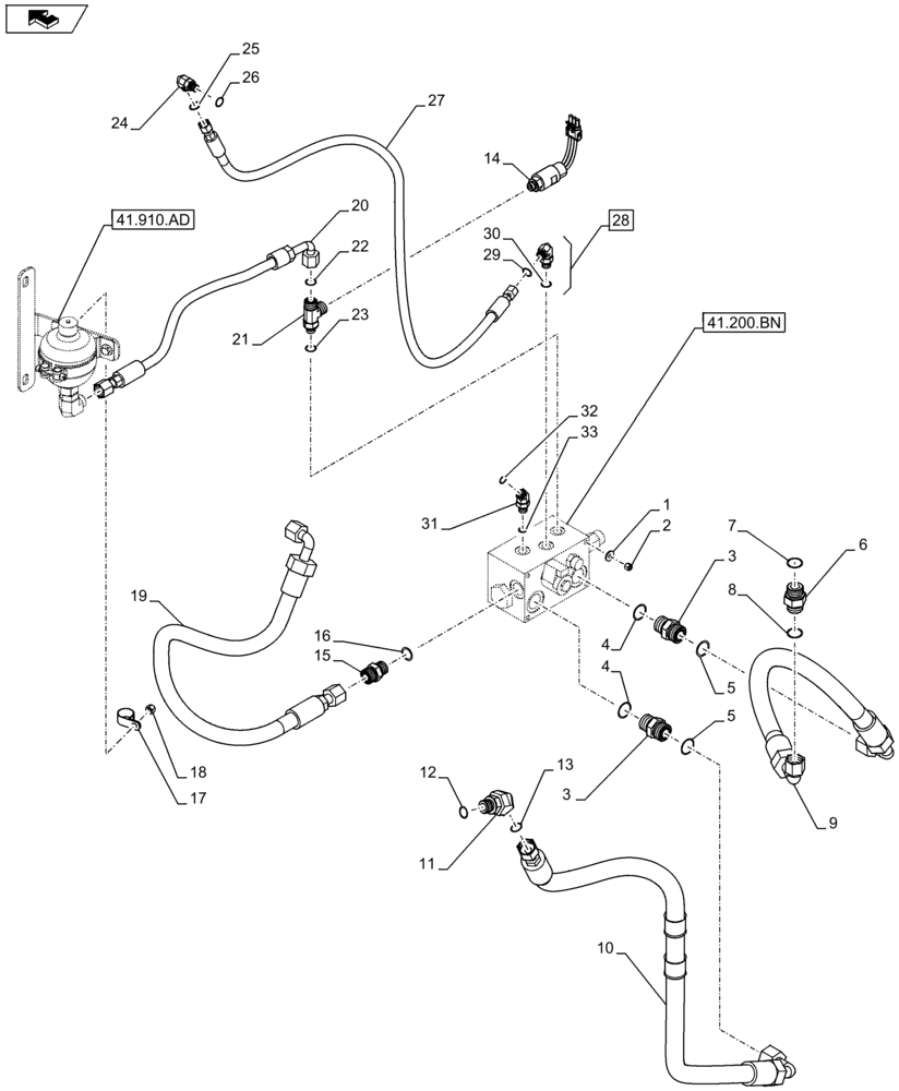 Схема запчастей Case 921F - (41.200.BO[02]) - AUXILIARY STEERING MANIFOLD HOSES AND CONNECTORS (41) - STEERING