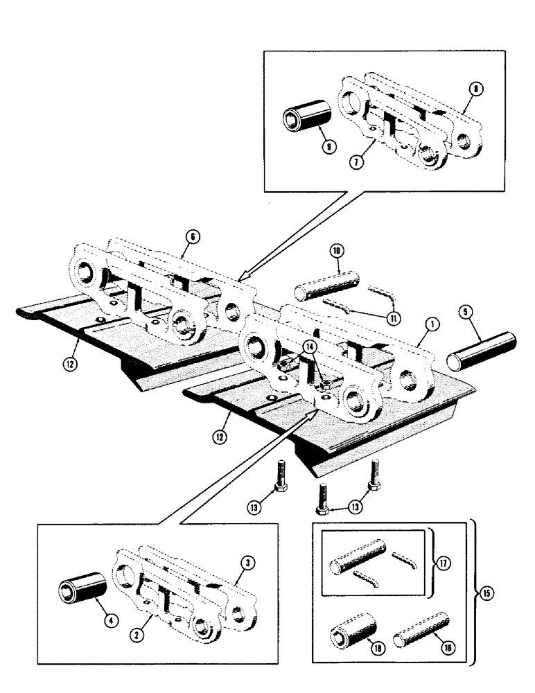 Схема запчастей Case 600 - (114) - TRACK INSTALLATION, TRACK CHAIN, LINKS, PINS, SHOES, MTG. PARTS (USED UP TO S/N 2-4-56) (04) - UNDERCARRIAGE