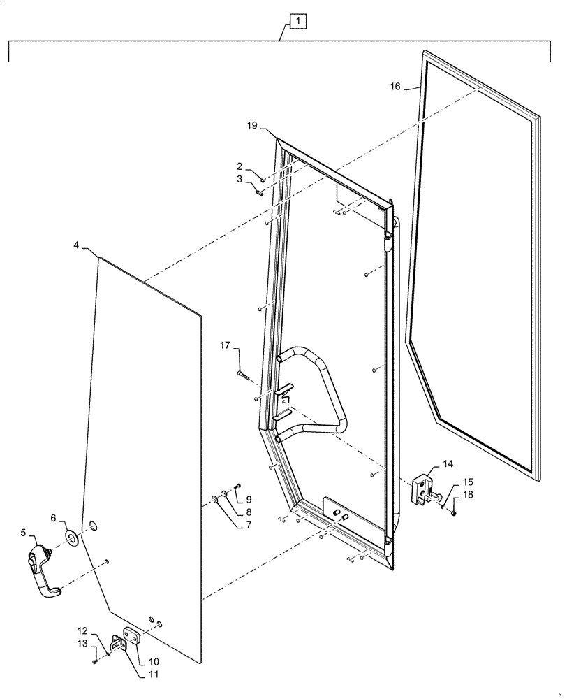 Схема запчастей Case 921F - (90.154.AA[01]) - LEFT DOOR ASSEMBLY (90) - PLATFORM, CAB, BODYWORK AND DECALS