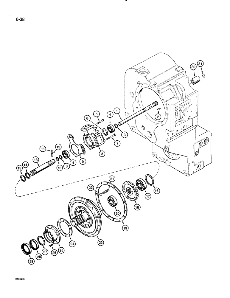 Схема запчастей Case 821 - (6-038) - TRANSMISSION ASSEMBLY, INPUT GEAR, PUMP, AND OUTPUT SHAFT, P.I.N. JAK0024165 AND AFTER (06) - POWER TRAIN