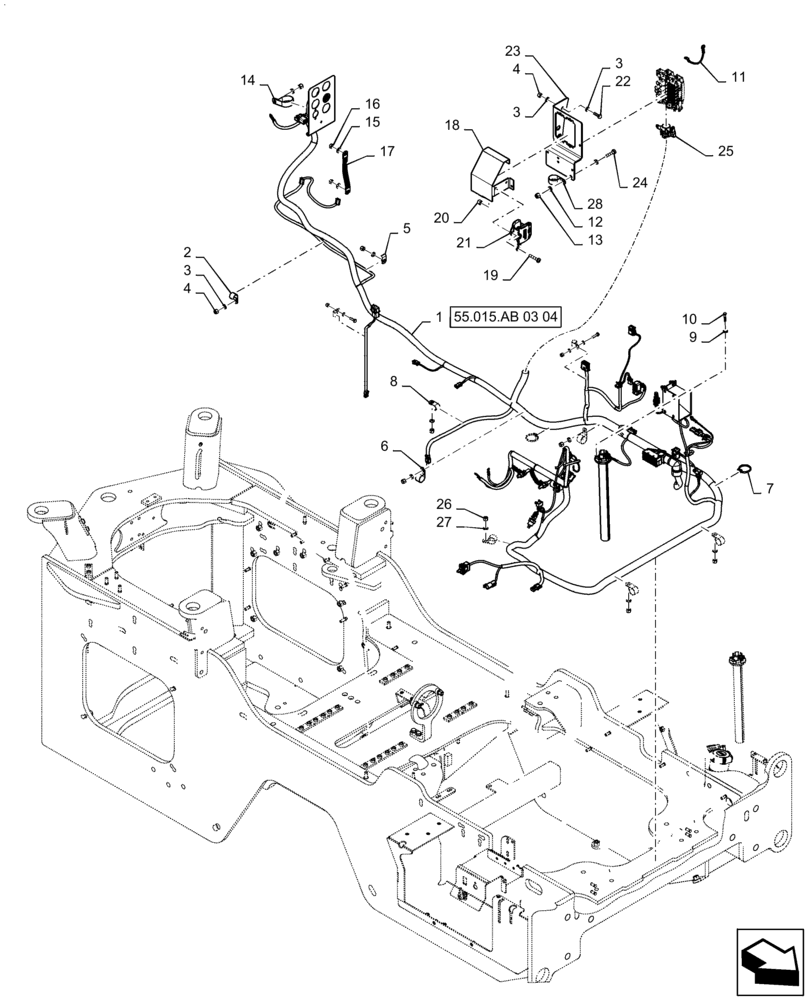 Схема запчастей Case 921F - (55.015.AB) - ENGINE AND REAR CHASSIS HARNESS INSTALLATION (55) - ELECTRICAL SYSTEMS