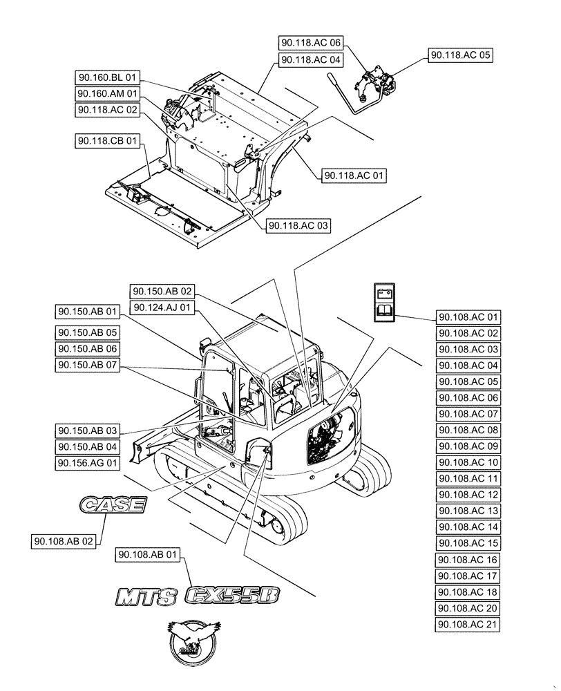 Схема запчастей Case CX55B - (90.000.00[02]) - SECTION INDEX - PLATFORM, CAB, BODYWORK AND DECALS (90) - PLATFORM, CAB, BODYWORK AND DECALS