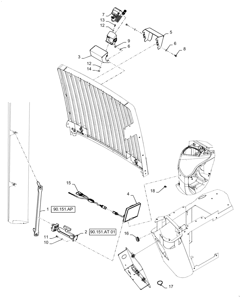 Схема запчастей Case 921F - (90.151.AT) - MONITOR AND CAMERA INSTALLATION (90) - PLATFORM, CAB, BODYWORK AND DECALS