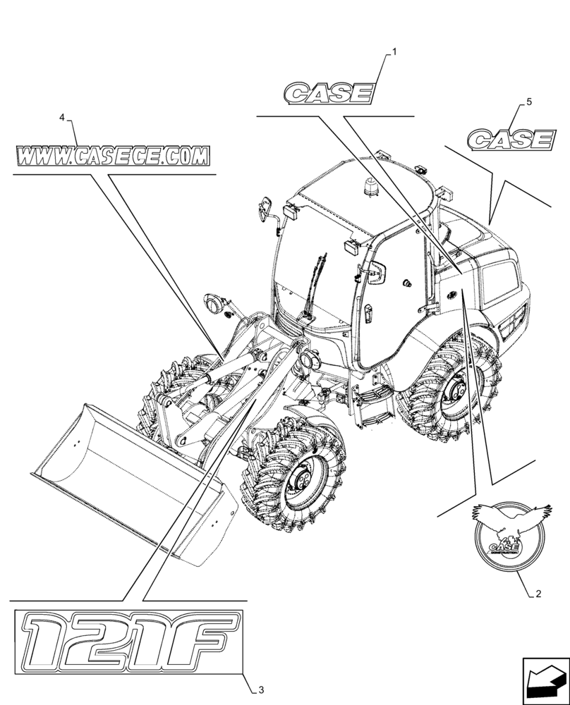 Схема запчастей Case 121F - (90.108.AB[01]) - DECALS, MODEL - END SN NGHP00538 (90) - PLATFORM, CAB, BODYWORK AND DECALS