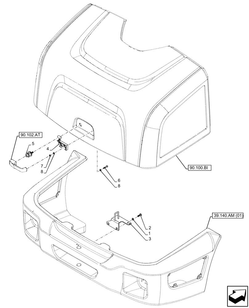 Схема запчастей Case 121F - (90.102.AU) - HOOD, LATCH (90) - PLATFORM, CAB, BODYWORK AND DECALS