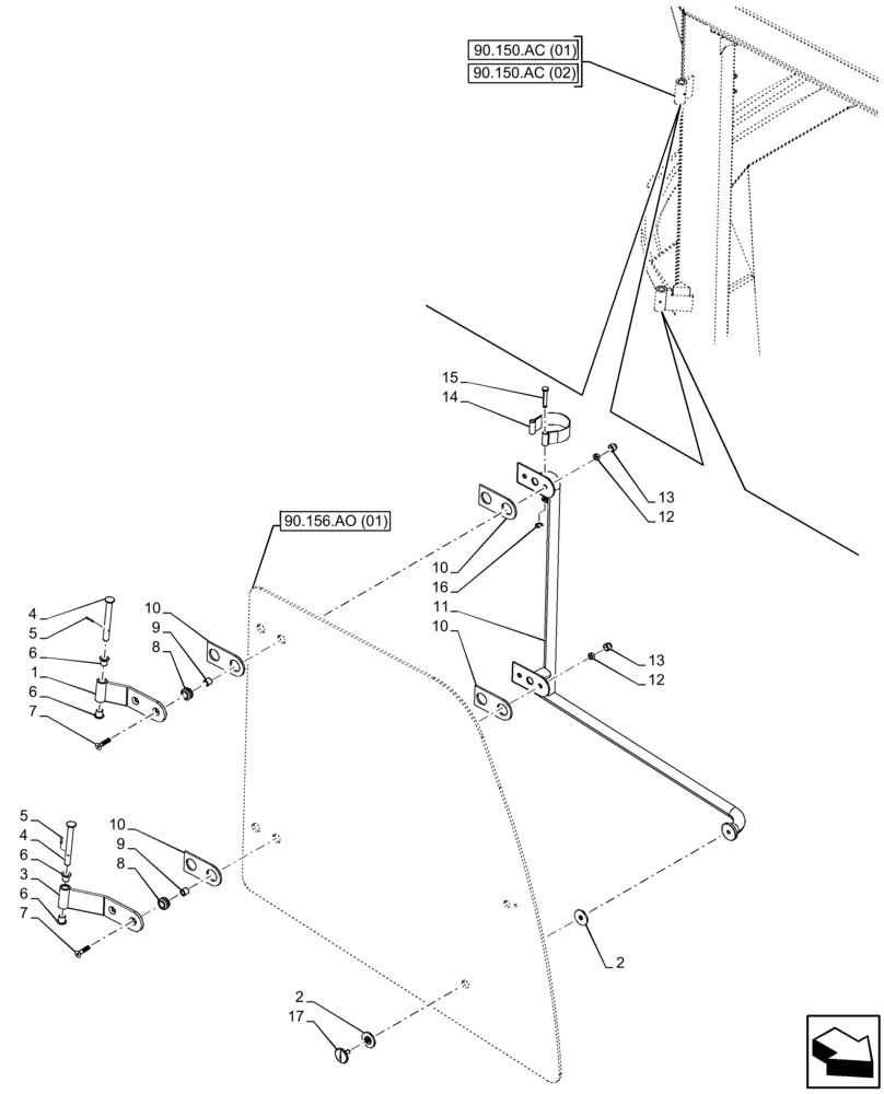 Схема запчастей Case 21F - (90.156.AP[01]) - VAR - 734631 - CAB, WINDOW, HINGE (90) - PLATFORM, CAB, BODYWORK AND DECALS