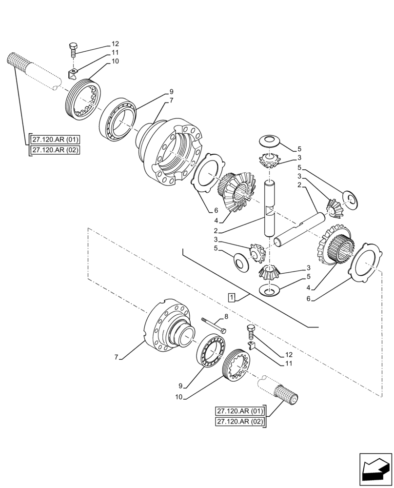 Схема запчастей Case 21F - (27.106.AC[01]) - VAR - 734511, 734514 - REAR AXLE, DIFFERENTIAL GEAR (WITHOUT DISK) (27) - REAR AXLE SYSTEM