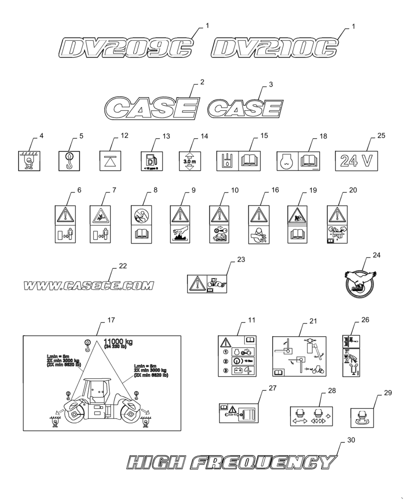 Схема запчастей Case DV209C - (90.108.AB) - CAB MODEL AND CONTROL DECALS (90) - PLATFORM, CAB, BODYWORK AND DECALS
