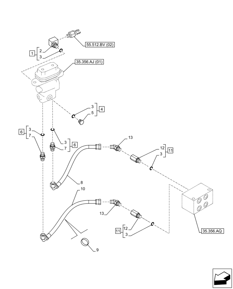Схема запчастей Case CX250D LC - (35.356.AR[03]) - PEDAL, DRAIN LINE (35) - HYDRAULIC SYSTEMS