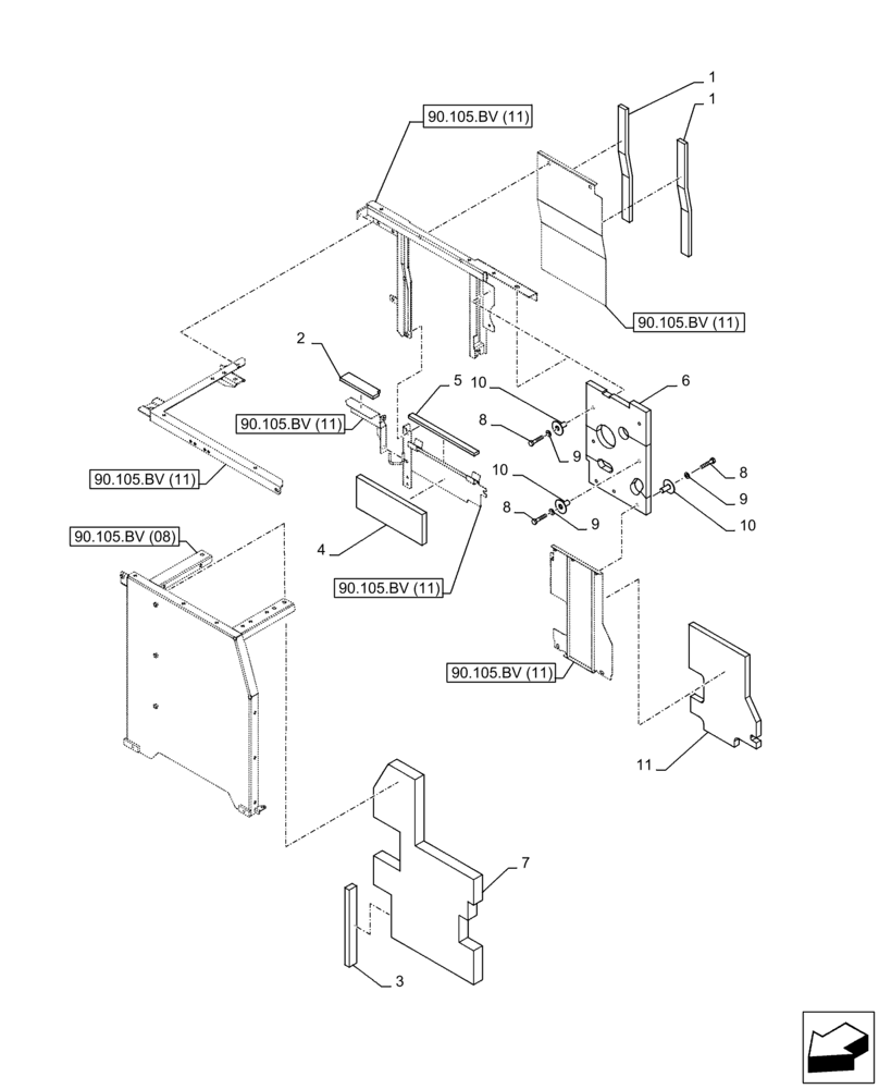 Схема запчастей Case CX250D LC - (90.105.BV[12]) - STD + VAR - 488031 - HOUSING & COVERS, INSULATION (90) - PLATFORM, CAB, BODYWORK AND DECALS