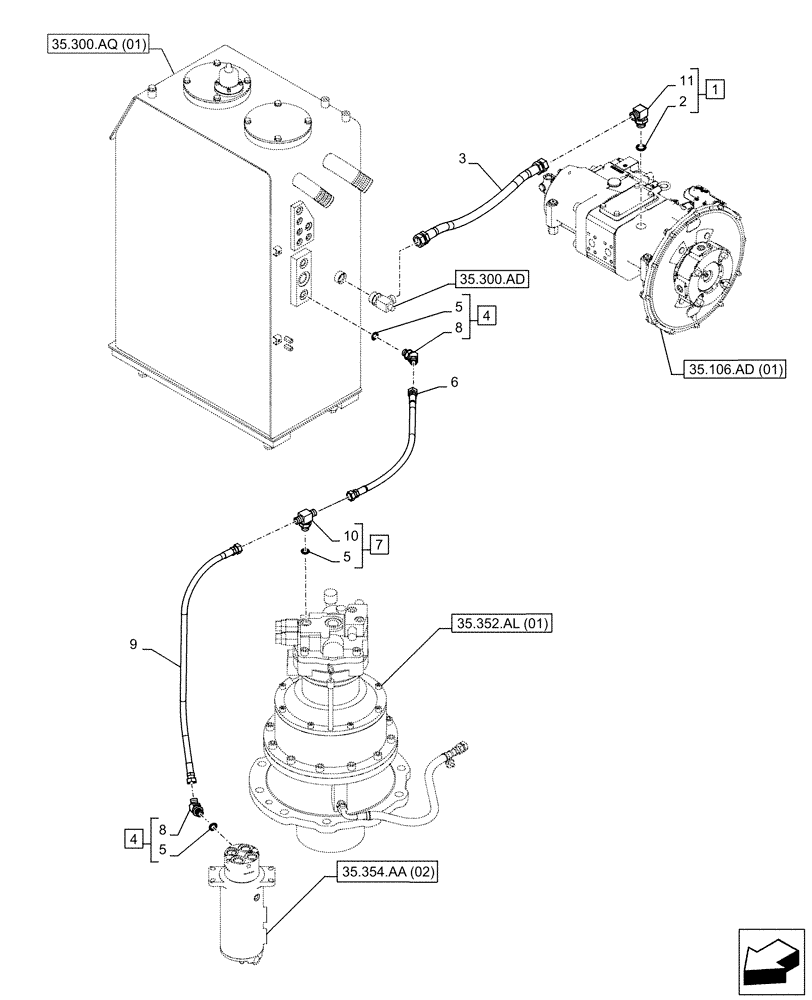 Схема запчастей Case CX250D LC - (35.352.AI[02]) - MOTO-REDUCTION GEAR, LINES (35) - HYDRAULIC SYSTEMS