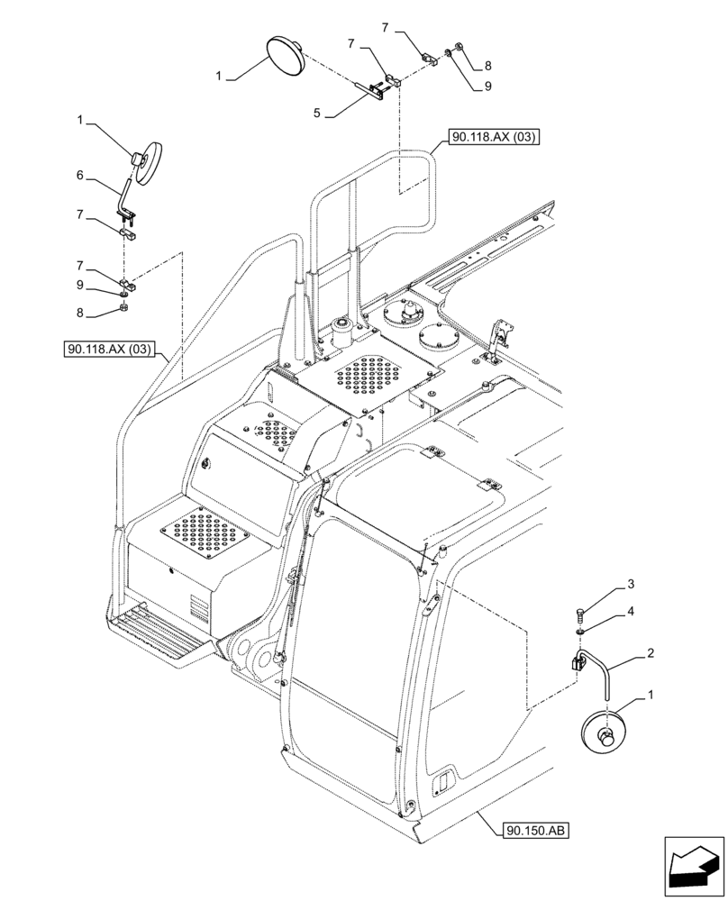 Схема запчастей Case CX250D LC - (90.118.BM) - REAR VIEW MIRROR, OUTSIDE (90) - PLATFORM, CAB, BODYWORK AND DECALS
