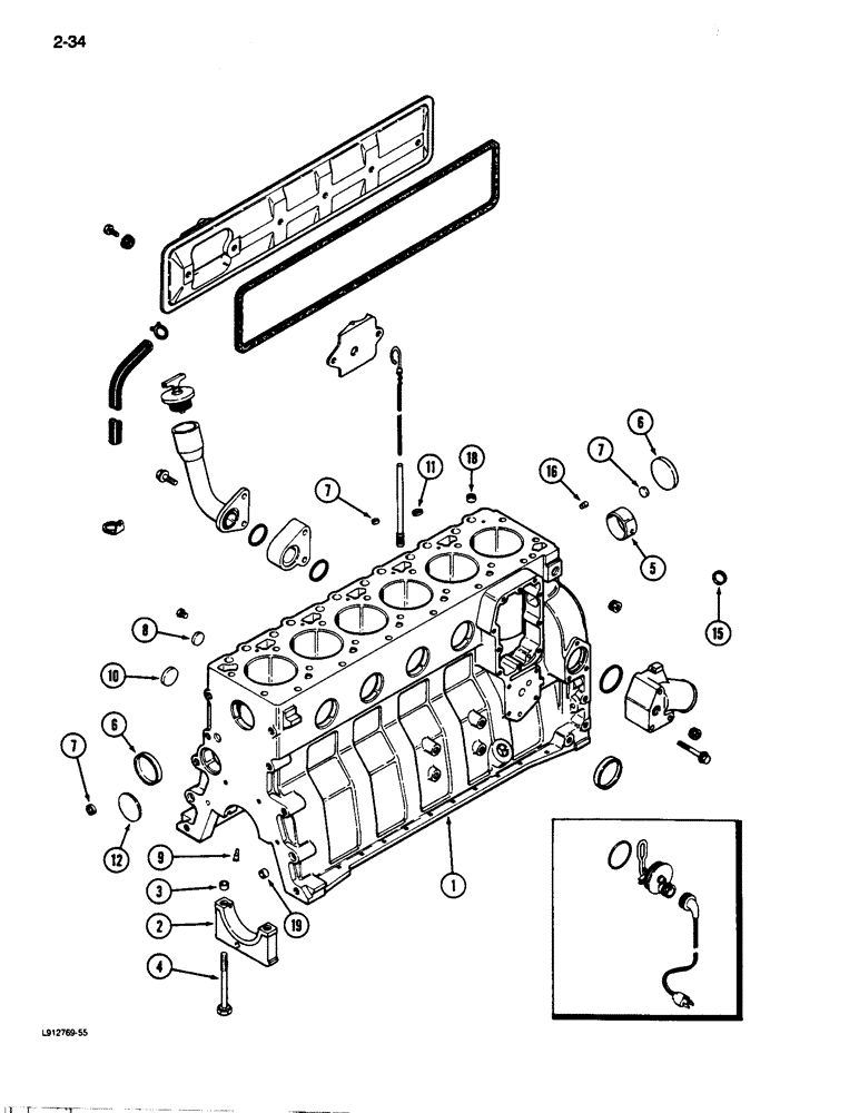 Схема запчастей Case 680L - (2-34) - CYLINDER BLOCK, 6-590 ENGINE (NATURAL ASPIRATED), ENGINE S/N 44511034 AND AFTER (02) - ENGINE