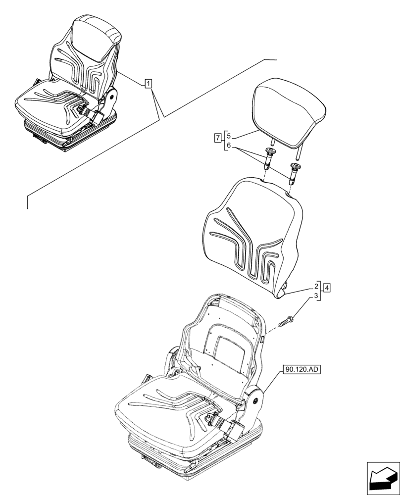 Схема запчастей Case 121F - (90.120.AM) - VAR - 734589 - DRIVER SEAT, BACK (90) - PLATFORM, CAB, BODYWORK AND DECALS