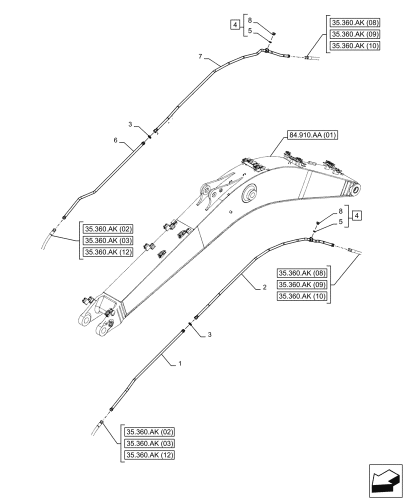 Схема запчастей Case CX250D LC - (35.360.AK[01]) - VAR - 461561, 461563, 461865, 461869, 461871 - BOOM, LINE, HAMMER, SHEARS, HIGH FLOW (35) - HYDRAULIC SYSTEMS