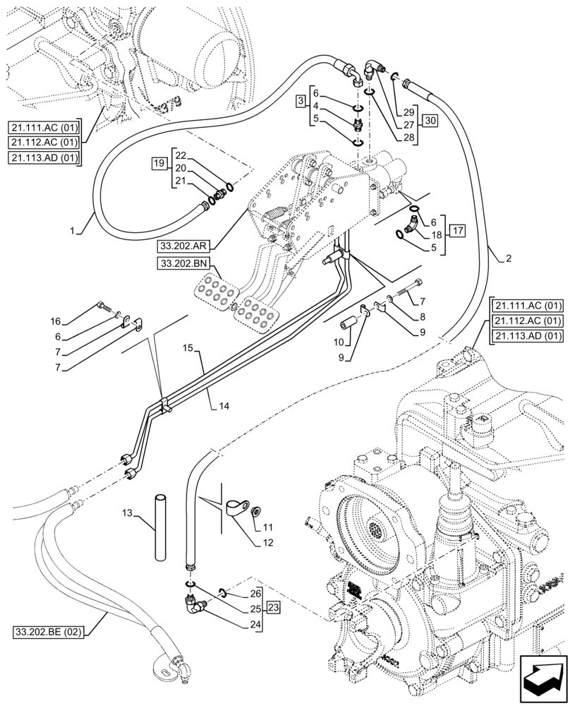 Схема запчастей Case 580N EP - (33.202.BE[01]) - BRAKE, LINE, TRANSMISSION (33) - BRAKES & CONTROLS