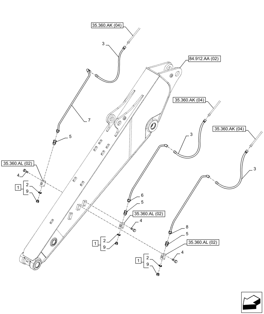 Схема запчастей Case CX250D LC - (35.360.AK[05]) - VAR - 461863 - ARM, LINE, CLAMSHELL BUCKET, ROTATION, W/ ELECTRICAL PROPORTIONAL CONTROL (ARM L=3.0M) (35) - HYDRAULIC SYSTEMS