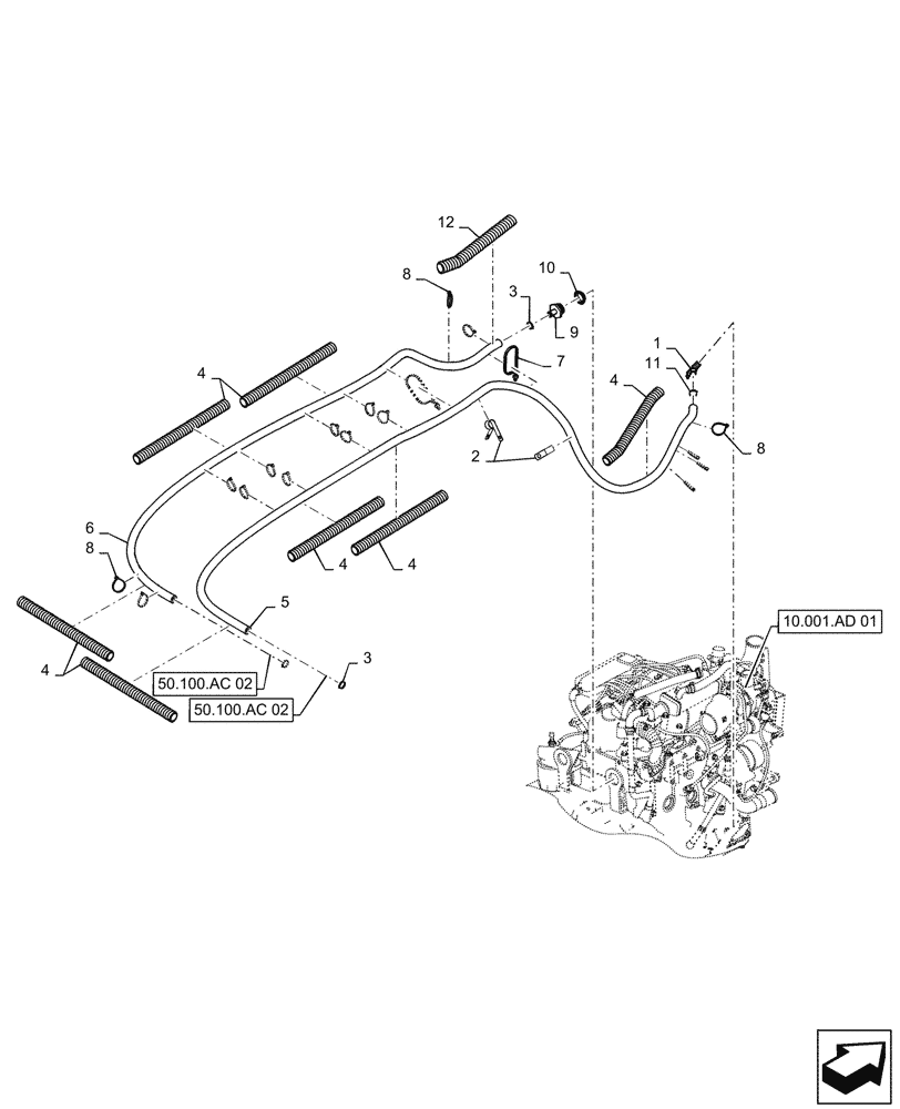 Схема запчастей Case 570N EP - (50.100.AC[01]) - VAR 747852, 747853 - HEATER HOSES (50) - CAB CLIMATE CONTROL