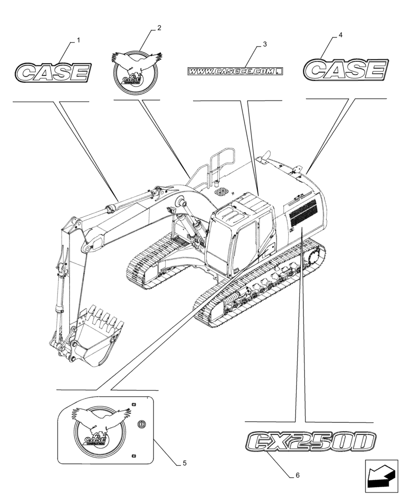 Схема запчастей Case CX250D LC - (90.108.AB[01]) - MODEL IDENTIFICATION DECAL (90) - PLATFORM, CAB, BODYWORK AND DECALS