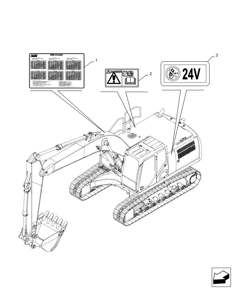 Схема запчастей Case CX250D LC - (90.108.AC[03]) - WARNING, DECALS (90) - PLATFORM, CAB, BODYWORK AND DECALS
