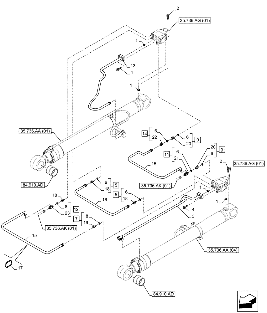 Схема запчастей Case CX250D LC - (35.736.AK[02]) - VAR - 481064 - BOOM, LIFT CYLINDER, SAFETY VALVE, LINES (35) - HYDRAULIC SYSTEMS