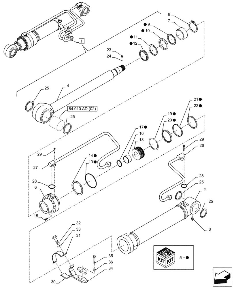 Схема запчастей Case CX250D LC LR - (35.736.AA[05]) - VAR - 461029, 481858 - BOOM, LIFT CYLINDER, RIGHT, COMPONENTS (35) - HYDRAULIC SYSTEMS