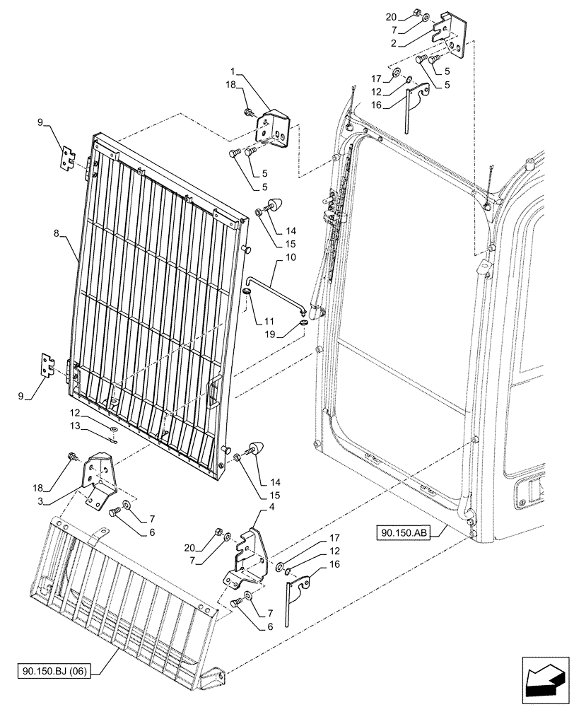 Схема запчастей Case CX250D LC LR - (90.150.BJ[07]) - VAR - 781986 - FRONT, STONEGUARD, OPENABLE (90) - PLATFORM, CAB, BODYWORK AND DECALS