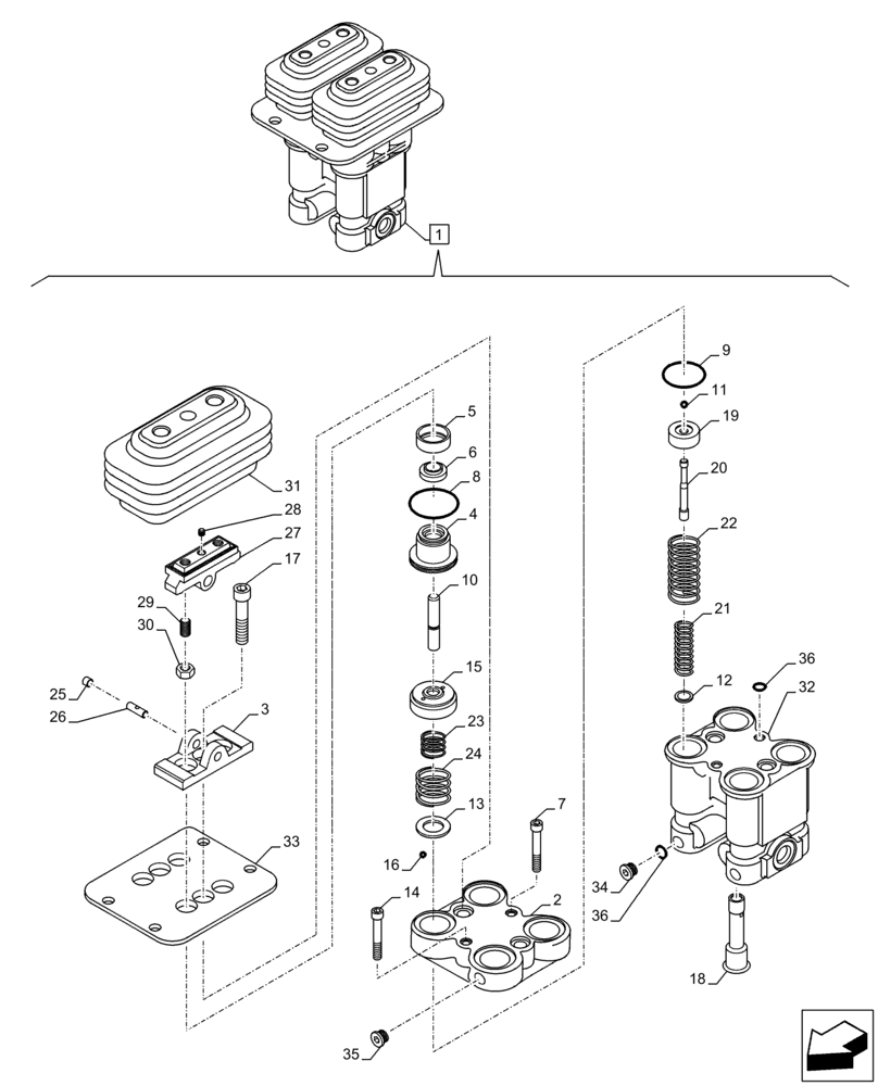 Схема запчастей Case CX250D LC - (35.356.AV[02]) - STD + VAR - 461863, 461865, 461869, 461871, 461872 - FOOT CONTROL VALVE, COMPONENTS (35) - HYDRAULIC SYSTEMS