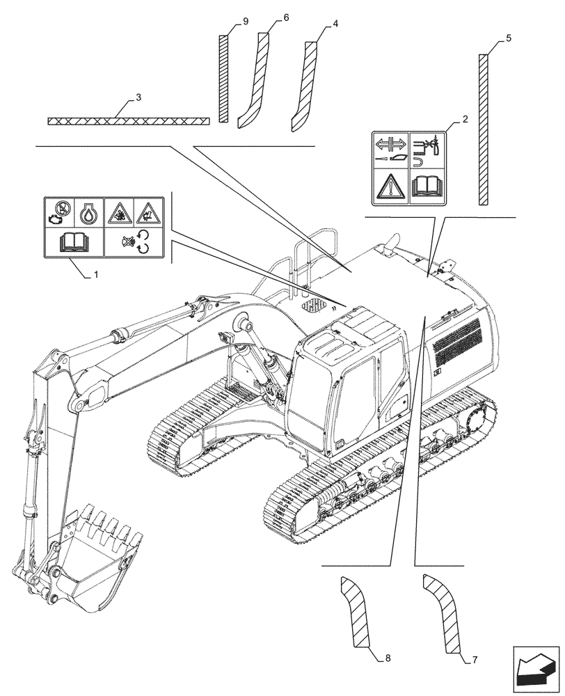 Схема запчастей Case CX250D LC - (90.108.AC[08]) - WARNING, DECALS (90) - PLATFORM, CAB, BODYWORK AND DECALS