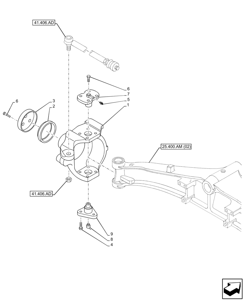 Схема запчастей Case 580N EP - (25.400.AQ[02]) - FRONT AXLE, STEERING KNUCKLE, 2WD (25) - FRONT AXLE SYSTEM