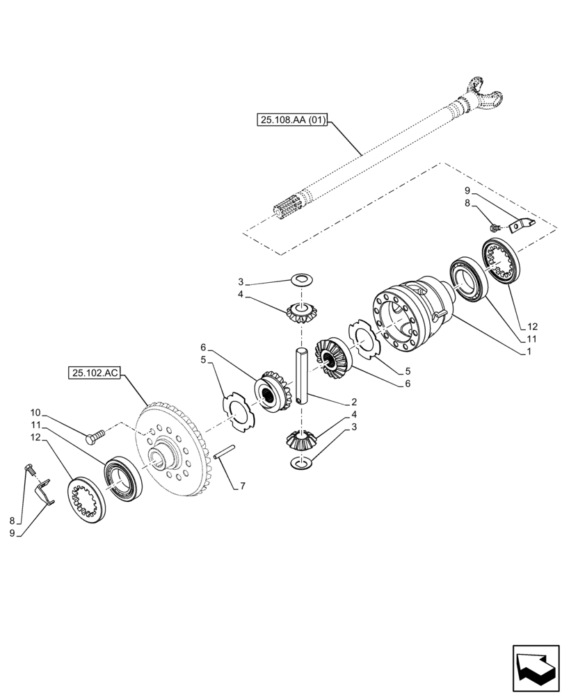 Схема запчастей Case 580SN - (25.102.AD) - FRONT AXLE, DIFFERENTIAL GEAR, 4WD (25) - FRONT AXLE SYSTEM