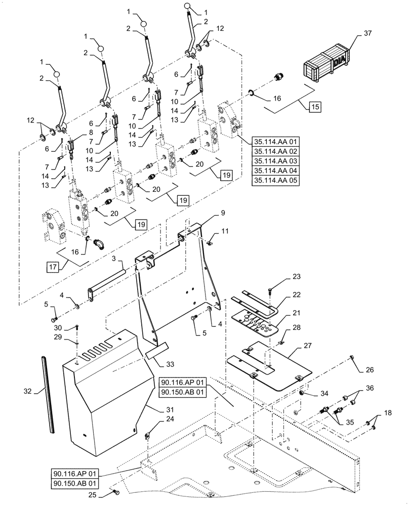 Схема запчастей Case 570N EP - (37.108.AD[01]) - VAR - 747899 - 3 POINT HITCH CONTROLS AND MOUNTING PARTS (37) - HITCHES, DRAWBARS & IMPLEMENT COUPLINGS