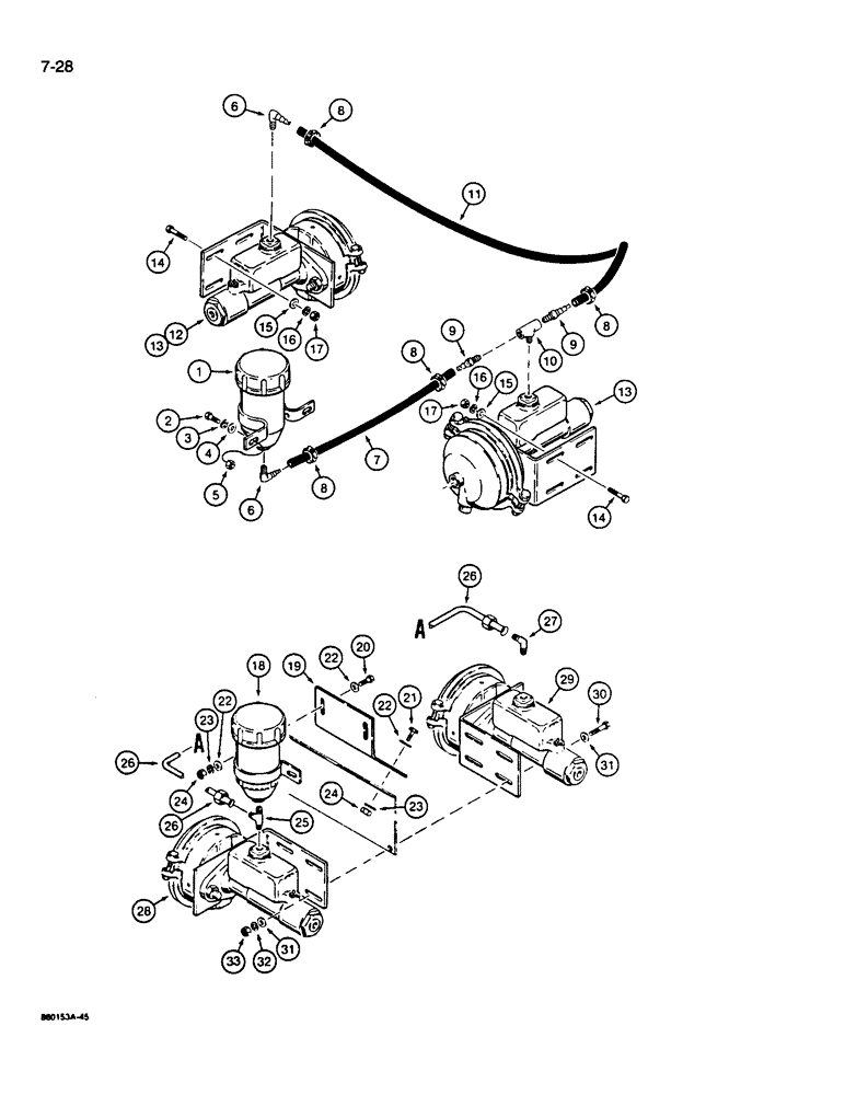 Схема запчастей Case W14B - (7-28) - BRAKE SYSTEM, FLUID RESERVOIR TO BRAKE ACTUATORS, UNITS TRANSMISSION MOUNTED PARKING BRAKE (07) - BRAKES