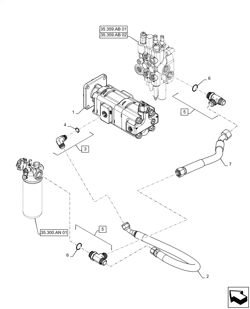 Схема запчастей Case 570N EP - (35.106.AD[02]) - VAR - 745163 - PTO READY PUMP - PARKER (35) - HYDRAULIC SYSTEMS
